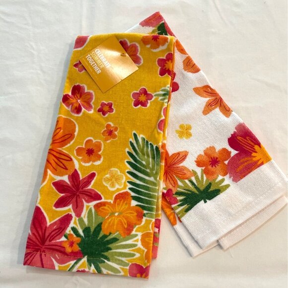 Kohl's Other - Terry Hand Tea Towels Set Kitchen Floral Hibiscus Orange Red Yellow Flower NWT